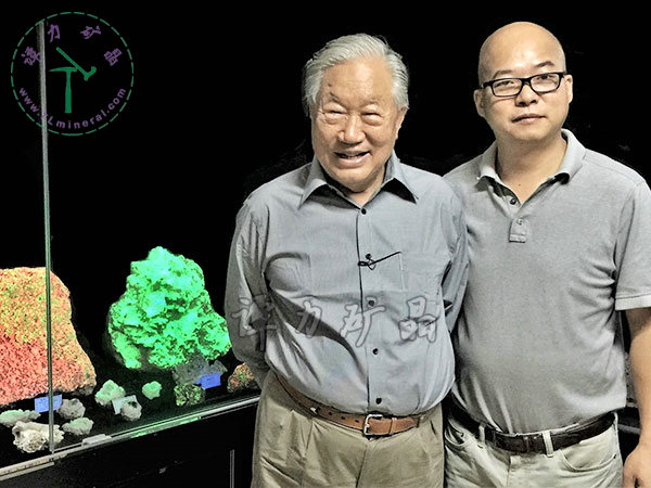 原地矿部部长宋瑞祥（左）视察谭力的荧光矿物展厅。